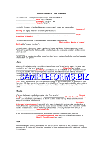 Nevada Commercial Lease Agreement Form